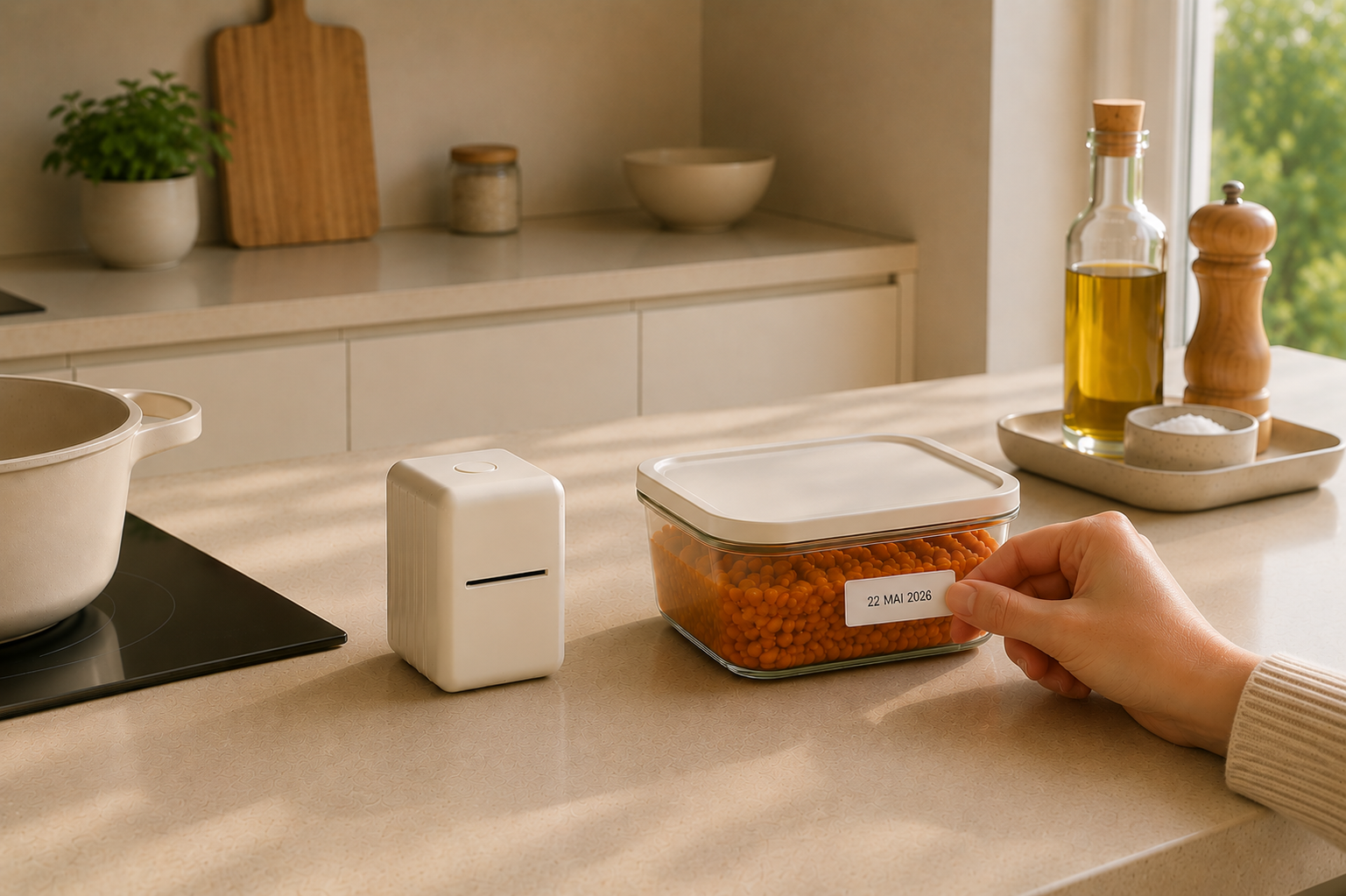 Une main appose une étiquette « 22 MAI 2026 » sur une boîte de conservation remplie de lentilles corail, à côté de l'étiqueteuse DATIER sur un plan de travail de cuisine